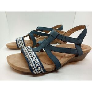 Cobb Hill Sandals Women's Size 10M Blue Embellished Wedge Cushioned Hook & Loop